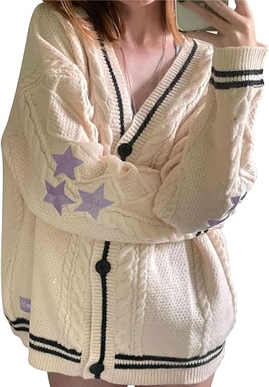 Photo 1 of Mincib Womens Cardigan Sweaters Folklore Cardigan V Neck Knitted Star Print Concert Knitwear Outerwear XL