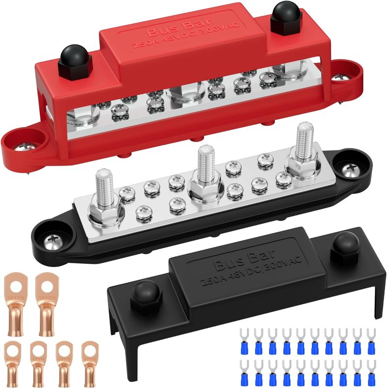 Photo 1 of Joinfworld Power Distribution Block 12V Bus Bar 250A 5/16" Stud Marine Bus Bar Terminal Block 12 Volt DC Battery Busbar with Cover - Negative&Positive
