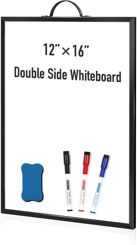 Photo 1 of DumanAsen Magnetic Whiteboard, 12" x 16" Small White Board for Wall, Portable Aluminum Frame Double Sided Whiteboard with Handle, Includes 3 Markers, Eraser and Mounting Hardware
