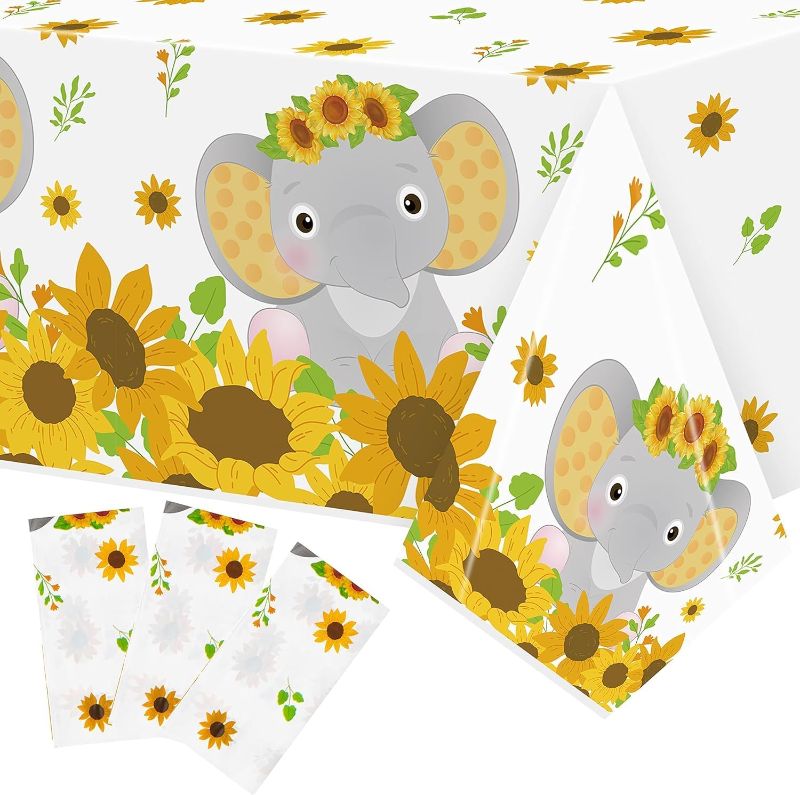 Photo 1 of BeYumi 3Pcs Sunflower Elephant Baby Shower Party Tablecloth Disposable Plastic Waterproof Rectangular Table Covers A Sweet Little Peanut Is On The Way Gender Reveal Decor Floral Newborn Party Supplies
