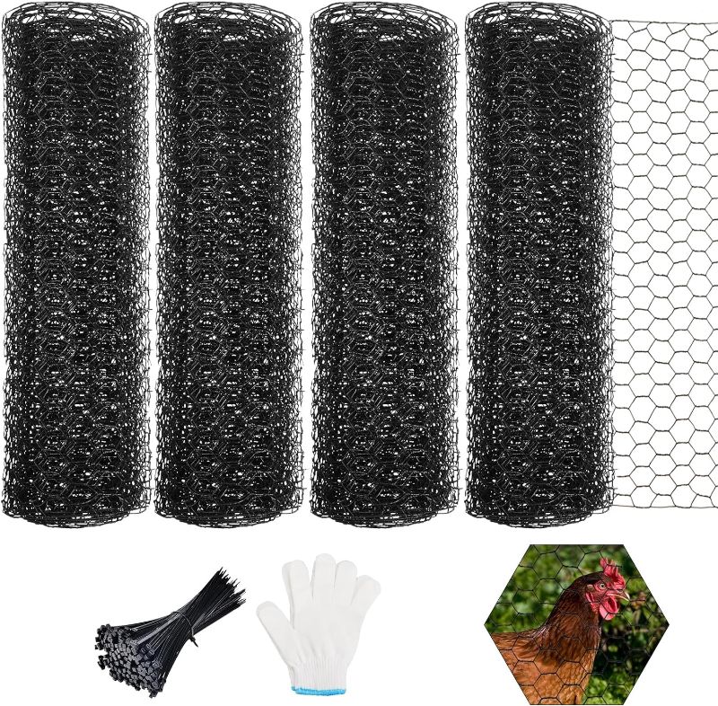 Photo 1 of 2PCS Chicken Wire Fencing 14 Inch x 13 FT Black Chicken Wire Mesh Fencing Netting Hexagonal Galvanized Poultry Netting Garden Mesh Fence Roll with 100pcs Zip Ties Gloves for Rabbit Chicken Fencing
