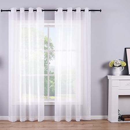 Photo 1 of White Sheer Curtains 84 Inches Long Set 2 Panels Grommet Pair Faux Linen Semi Transparent Drape Tulle Gauze Voile Window Sheer Curtains for Bedroom Living Room Dining Wide 46 Length Solid Pack
