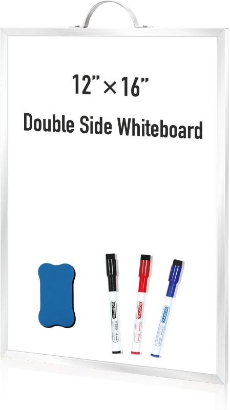 Photo 1 of DumanAsen Magnetic Whiteboard, 12" x 16" Small White Board for Wall, Portable Aluminum Frame Double Sided Whiteboard with Handle, Includes 3 Markers, Eraser and Mounting Hardware Silver