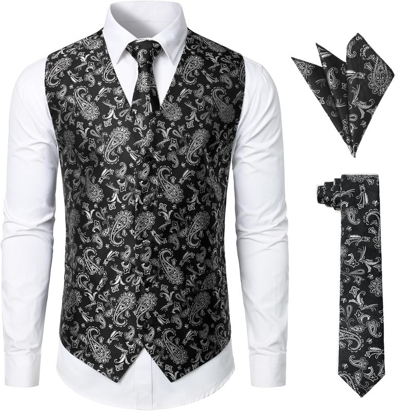 Photo 1 of JOGAL Men's 3pc Paisley Vest Necktie Pocket Square Set for Suit or Tuxedo Large 
