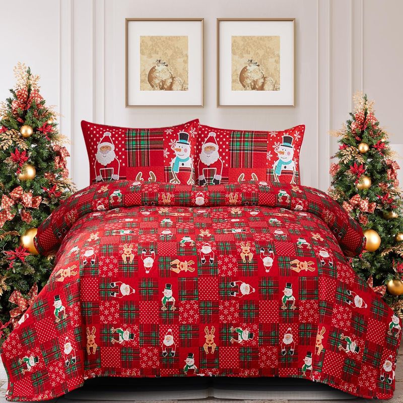 Photo 1 of Christmas Quilt Set Queen Size Red Xmas Bedding Lightweight Bedspread Santa Claus Christmas Elk Snowman Coverlet Bed Set Winter Holiday New Year for Kids Girls Adults,1 Quilt,2 Pillow Shams, Red
