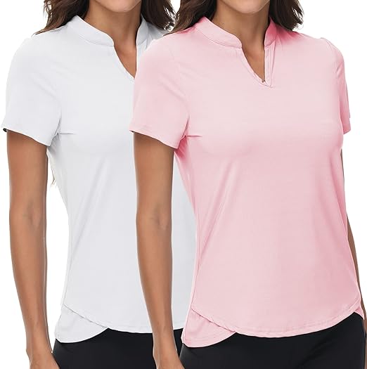 Photo 1 of DOTIN Women's 2 Pack V-Neck Golf Polo Shirts Short Sleeve Collarless Quick Dry Sport T-Shirts Workout Tops Medium