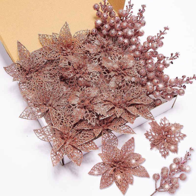Photo 1 of 22Pcs Christmas Poinsettia Artificial Flowers and Glitter Berries Stems Kit, 16Pcs Christmas Tree Flowers Ornaments and 6 Pack Christmas Tree Picks for Wedding Holiday Decorations (Rose Gold)

