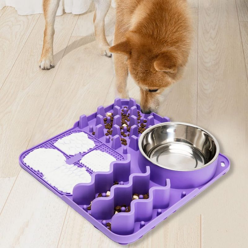 Photo 1 of Femont Slow Feeder Mat for Dog,Silicon Lick Mat Bowl with Suction Cups Include a Stainless Steel Dog Bowl for Dry Wet Food Treat,Dog Slow Feeding Mat Lick Pad for Pets Anxiety Relief Boredom Reducer
