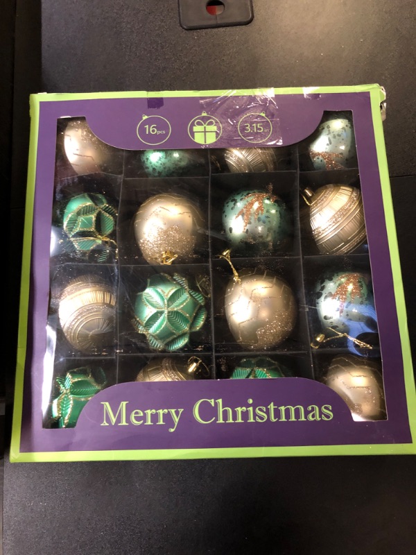 Photo 2 of 16Pcs Mint Green Christmas Ball Ornaments Set, 80mm/3.15" Big Shatterproof Christmas Tree Baubles Hanging Decorations for Christmas Tree/Wedding/Party/Home Decor (Gold & Green) Green and Gold