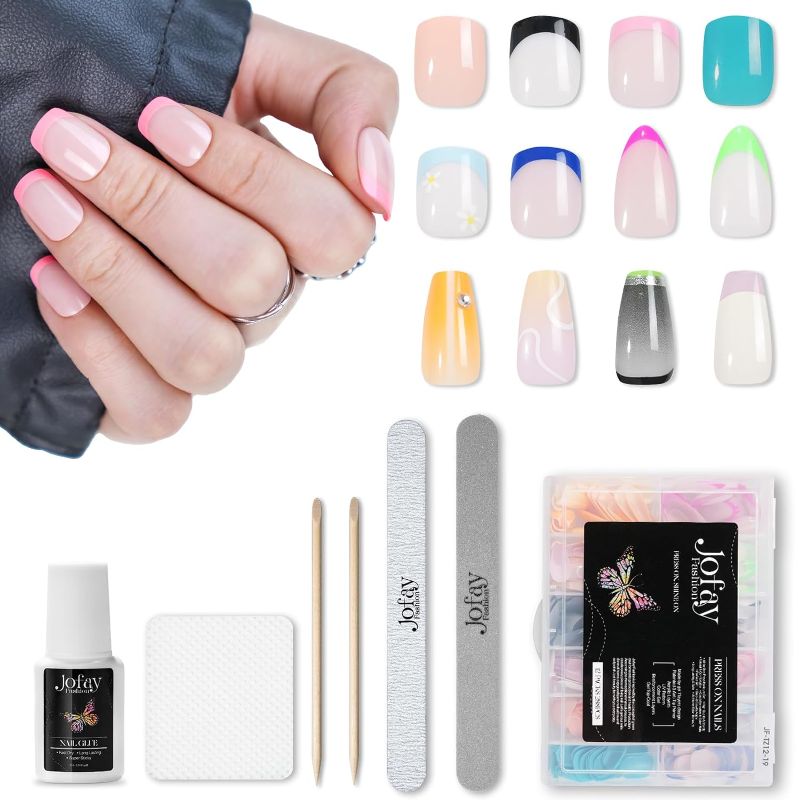 Photo 1 of Glue on Nails with Glue Short French Tips Press on Nails Coffin Long Almond and Square Fake Nails Set, Stick On Nails Full Cover Acrylic Fake Nails for Manicure, 12 Packs (288 Pcs)
