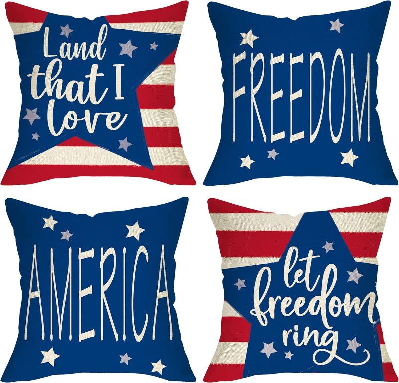 Photo 1 of 4th of July Patriotic Decorative Throw Pillow Cover 18 x 18 Set of 4, America Let Freedom Ring Stars Stripes Porch Outdoor Home Decor, American USA Land That I Love Couch Sofa Cushion Case
