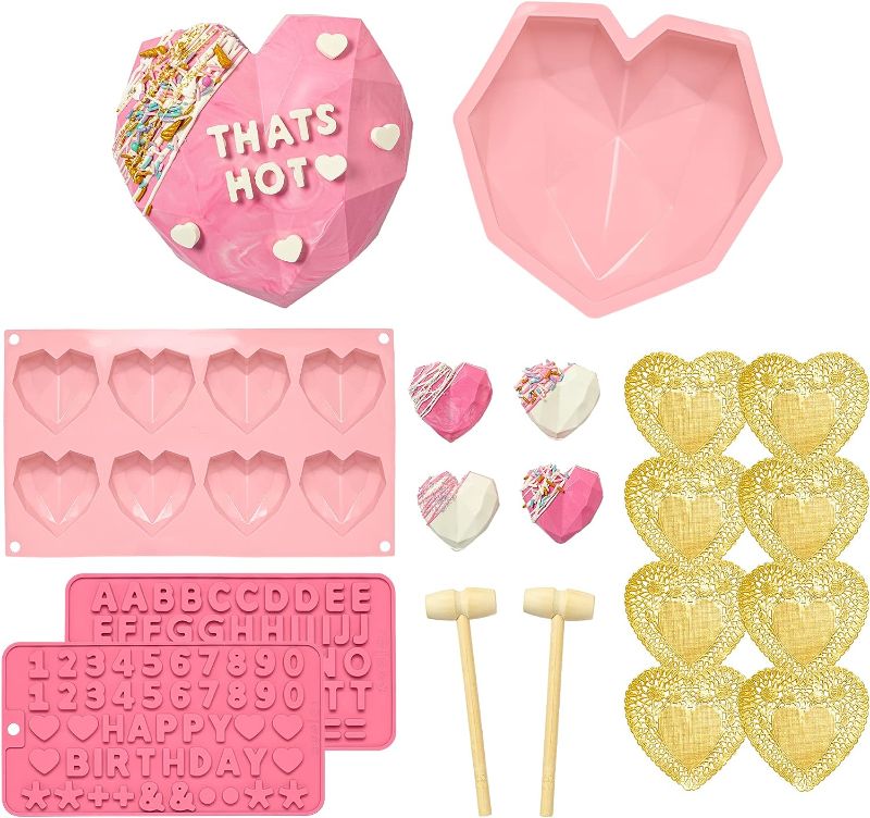 Photo 1 of Paris Hilton Breakable Chocolate Heart Kit, Includes Big and Small Heart Shaped Molds, Number, Character and Letter Molds, Mini Wooden Hammers, Candy Making Set, Pink
