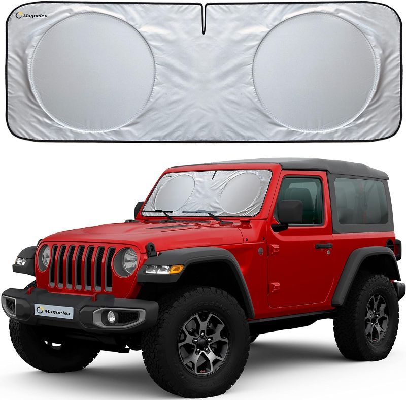 Photo 1 of Magnelex Windshield Sun Shade for Jeep Wrangler, Rubicon, Gladiator. Reflective 240T Material Car Sun Visor with Mirror Cut-Out. Foldable Sun Shield for Sun Heat and UV Protection (X-Small)
