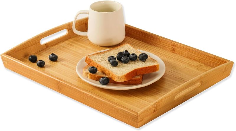 Photo 1 of Joy&Grace Bamboo Serving Tray Bed Tray with Handles, Breakfast Coffee Table Tray for Eating and Serving, Decorative Wood Ottoman TV Tray, Serving Platter for Charcuterie,17 x 13 inches
