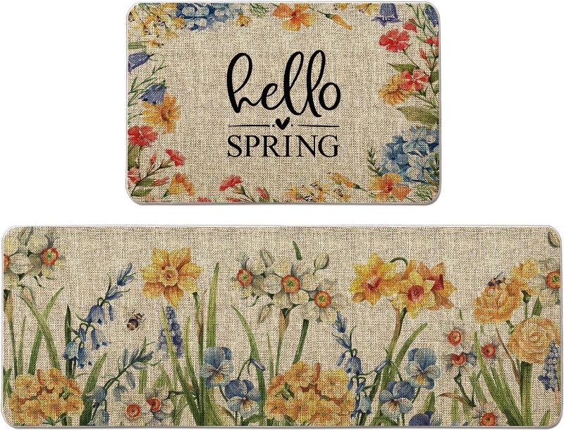 Photo 1 of GAGEC Spring Kitchen Mat Set of 2 Flowers Floral Kitchen Rugs Hello Spring Farmhouse Party Floor Mat for Home Kitchen Bathroom Decorations - 17x27 and 17x47 Inch

