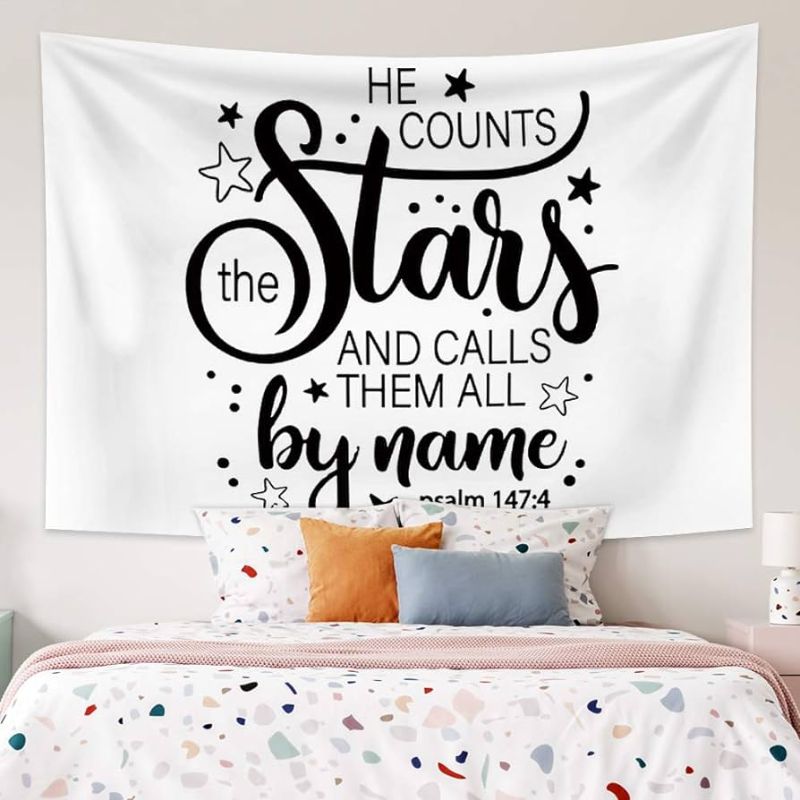 Photo 1 of YongFoto 39.4x27.6 Inches Black White Handwriting Calligraphy Wall Tapestry He Counts Stars And Calls Them All By Name Tapestry Bible Verse Quote Tapestry Wall Hanging for Bedroom Living Room Decor