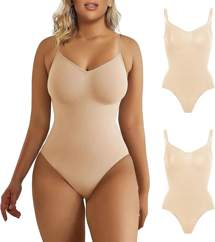 Photo 1 of VFanxi 2 Piece Shapewear for Women Tummy Control Bodysuit Mid Thigh Butt Lifter Body Shaper Thong 2P Beige SIZE SMALL