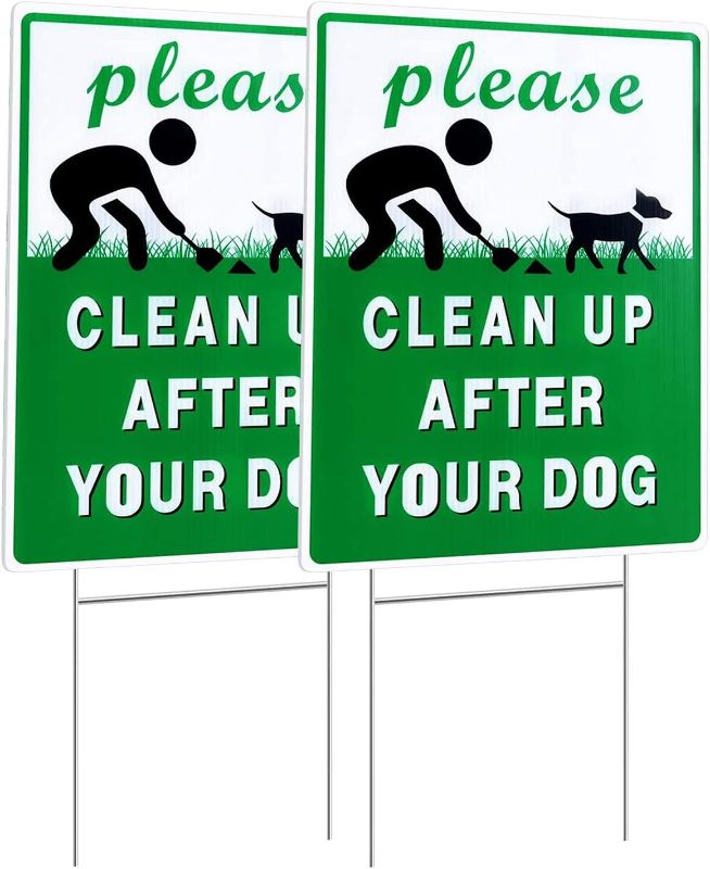 Photo 1 of 2 Pack Clean Up After Your Dog Signs, Double Side Outdoor Yard Sign 9''X12'' With Metal H-Stake | No Pooping Dog Lawn Signs| Corrugated Plastic – By MUXYH
