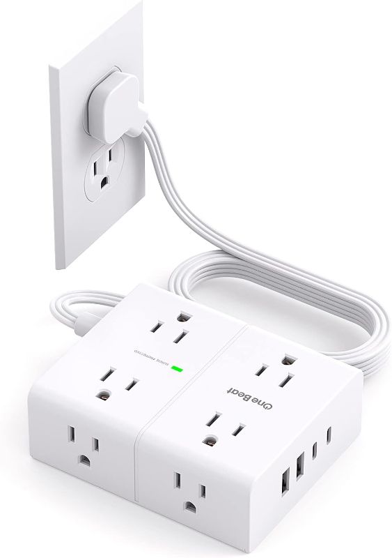 Photo 2 of Surge Protector Power Strip, 5Ft Flat Extension Cord Flat Plug with 4 USB Charging Ports (2 USB C) 8 Widely Outlets, 1080J Wall Mount Outlet Extender, Office Supplies, Dorm Room Essentials
