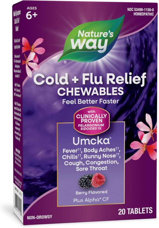 Photo 1 of Nature's Way Cold+Flu Relief, Umcka, Shortens Duration and Reduces Severity, Multi-Symptom Relief, Homeopathic, Phenylephrine Free, Non-Drowsy, Berry Flavored, 20 Chewable Tablets(Packaging May Vary)
EXP 9/2025