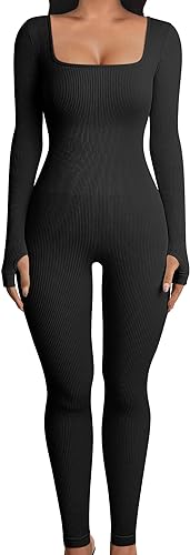 Photo 1 of OQQ Women's Yoga Ribbed One Piece Long Sleeve Workout JumpSuit Black XL