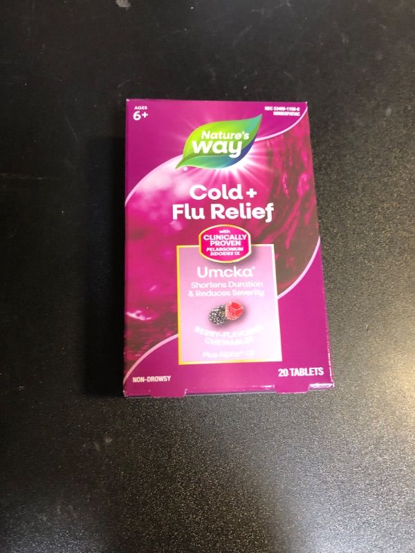 Photo 1 of Nature's Way Umcka® Cold+Flu Multi-Action Non-Drowsy, Berry Flavored, 20 Chewables
 EXP 9/2025