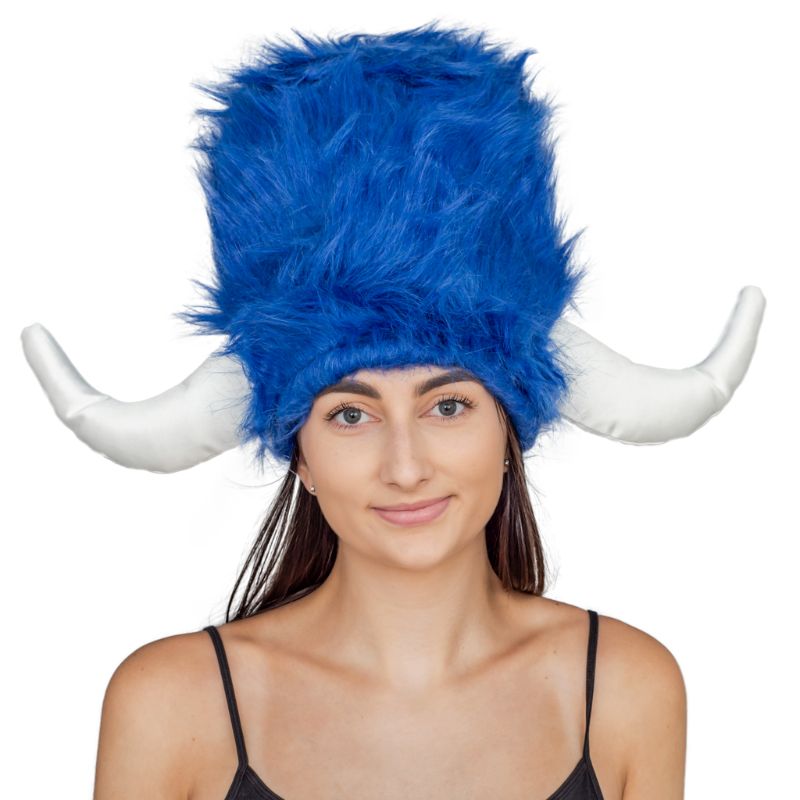 Photo 1 of Viking Furry Blue Hat Helmet Adult Halloween Costume Accessory
