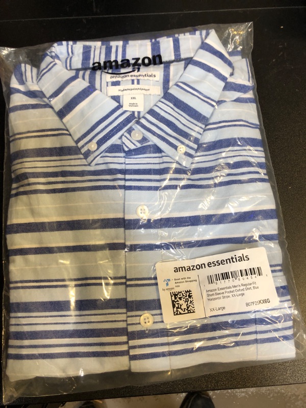 Photo 2 of Amazon Essentials Men's Regular-Fit Short-Sleeve Pocket Oxford Shirt XX-Large Blue Horizontal Stripe