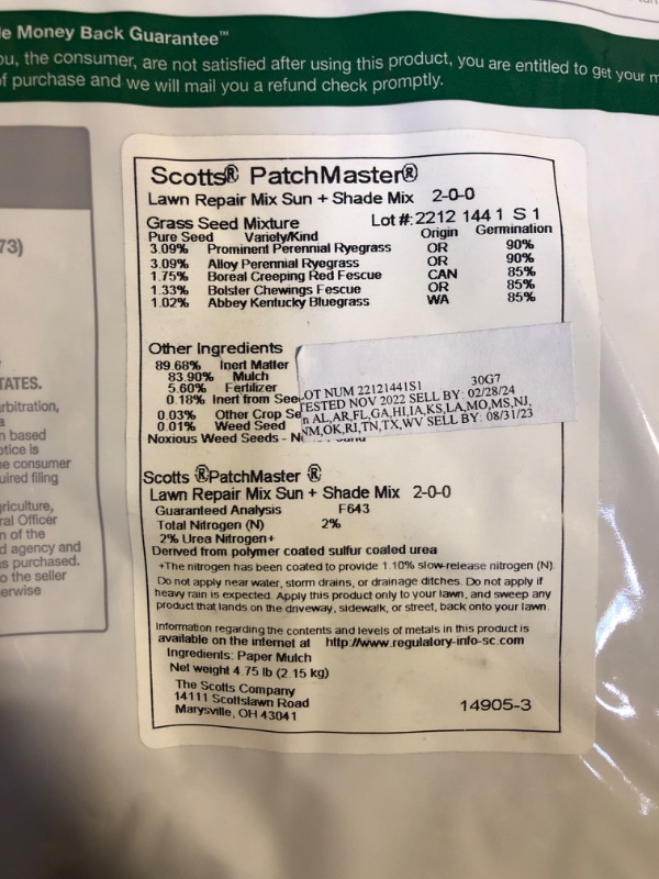 Photo 3 of Scotts PatchMaster Lawn Repair Mix Sun + Shade Mix, Combination Grass Seed, Fertilizer, and Mulch, 4.75 lbs.
 EXP 2/28/2024