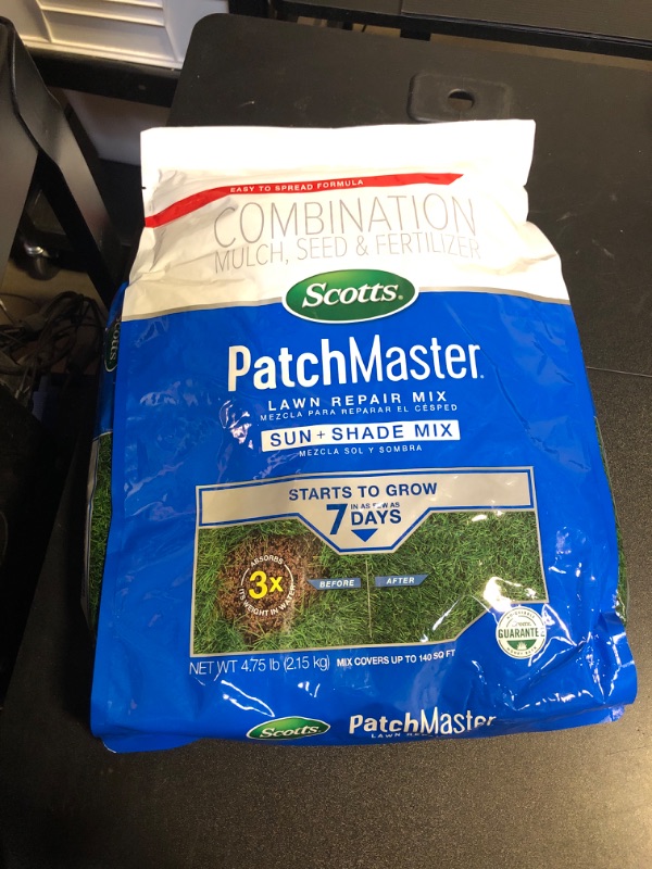 Photo 1 of Scotts PatchMaster Lawn Repair Mix Sun + Shade Mix, Combination Grass Seed, Fertilizer, and Mulch, 4.75 lbs.
 EXP 2/28/2024