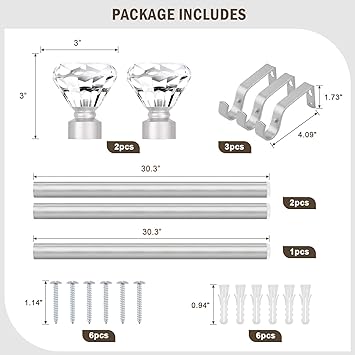 Photo 1 of 1 Pack Curtain Rods for Windows 22 to 42 Inches?1.8-3.5 Feet?, 1 Inch Diameter Adjustable Single Window Rod, Decorative Drapery Rods, Crystal Diamond Finials, Silver 22-42" | 1 Pack Satin Nickel