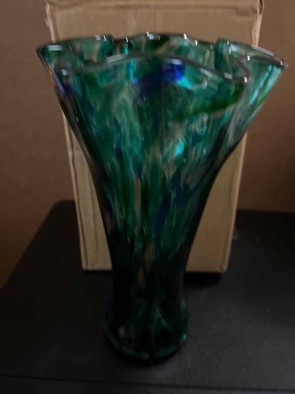 Photo 2 of  H Teal Glass Vases for Flowers, Hand Blow Glass Vase Teal Home Decor, Wide Mouth Green Flower Vase Centerpieces, for Bookshelf,Dinner Table,Indoor Office Desktop,Meeting Room,Bathroom,Countertop