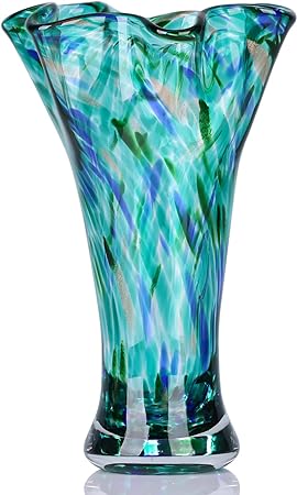 Photo 1 of  H Teal Glass Vases for Flowers, Hand Blow Glass Vase Teal Home Decor, Wide Mouth Green Flower Vase Centerpieces, for Bookshelf,Dinner Table,Indoor Office Desktop,Meeting Room,Bathroom,Countertop