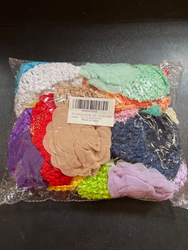 Photo 1 of KW Collection Girl Baby Headbands with Chiffon Rose Flower Elastic Crochet Hair Bands Ankle Wrist flower Hat Decoration (Band: 1.6"×5.5"