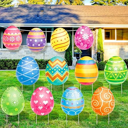 Photo 1 of 12 Pcs Easter Yard Signs Lawn Sign with Stakes Easter Yard Decor Outdoor Easter Lawn Decorations Hanging Ornaments for Spring Patio Garden Party Supplies Photo Props(Easter Egg)