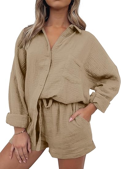 Photo 1 of   XL ANRABESS Womens 2 Piece Outfits Long Sleeve Lounge Sets Linen Sets Button Down Oversized Shirts Matching Shorts Beach Sets