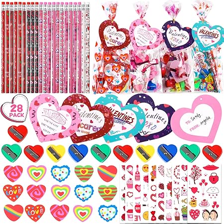 Photo 1 of 28Pack Valentines Day Gifts for Kids 175 PCS Assorted Stationery Set for Valentine’s School Classroom Exchange Party Favor Goodie Bag Stuffers,Valentines Prizes Bulk Toys Includes Cards Pencil Erasers