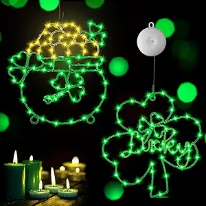 Photo 1 of 2 Pack St. Patrick's Day String Lights Window Lights up Metal Irish Shamrock Hat LED Window Light Green Iron Frame Silhouette Light for St Patrick's Day Home Party Wall Decor(Novel Style)