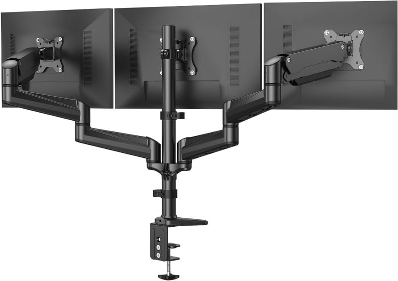 Photo 1 of HUANUO Triple Monitor Mount for 17 to 32 inch Screens, Gas Spring Adjustment Triple Monitor Stand with Swivel, Tilt, Rotation, Clamp & Grommet Kit (Black)
