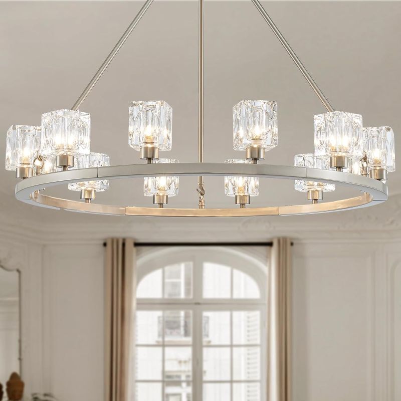 Photo 1 of Wagon Wheel Chandelier 12-Light Modern Glass Chandeliers Brushed Nickle Pendant Light Fixture Round Farmhouse Lights for Dining Room Kitchen Island Office, W 31.5" x H 20.8"
