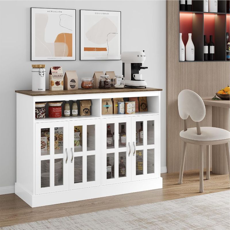 Photo 1 of 47.2” Farmhouse Buffet Cabinet with Storage, Coffee Bar Cabinet with Glass Doors and Adjustable Shelves, Sideboard Cabinet for Kitchen Home Bar Dining Room
