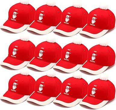 Photo 1 of 12 Pieces Christmas Baseball Cap Santa Hats Adjustable Adult Xmas Christmas Caps Golf Hat for Men Women Teens Holiday Sports, Red and White
