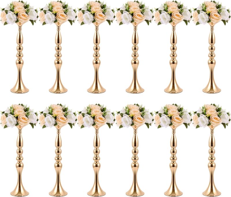 Photo 1 of 12 Pcs Gold Metal Flower Wedding Centerpieces Stand for Table Tall Versatile Flower Arrangement Flower Vase Stand Pillar Candle Holder for Party Wedding Reception Dinner Table (20 Inches)
