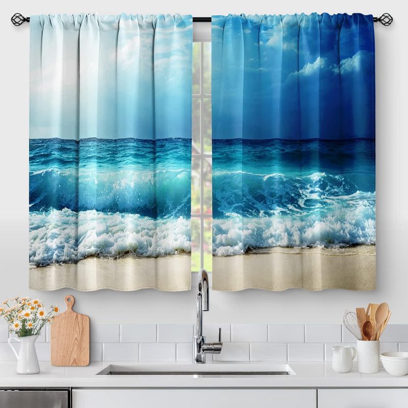 Photo 1 of Beach Ocean Sea Kitchen Curtains - Country Short Cafe Tier Curtains Decor for Living Dining Bathroom Room Summer Seascape Hawaiian Theme Blue Waves Window Drapes 36 Inch Length 2 Panels set 28x36
