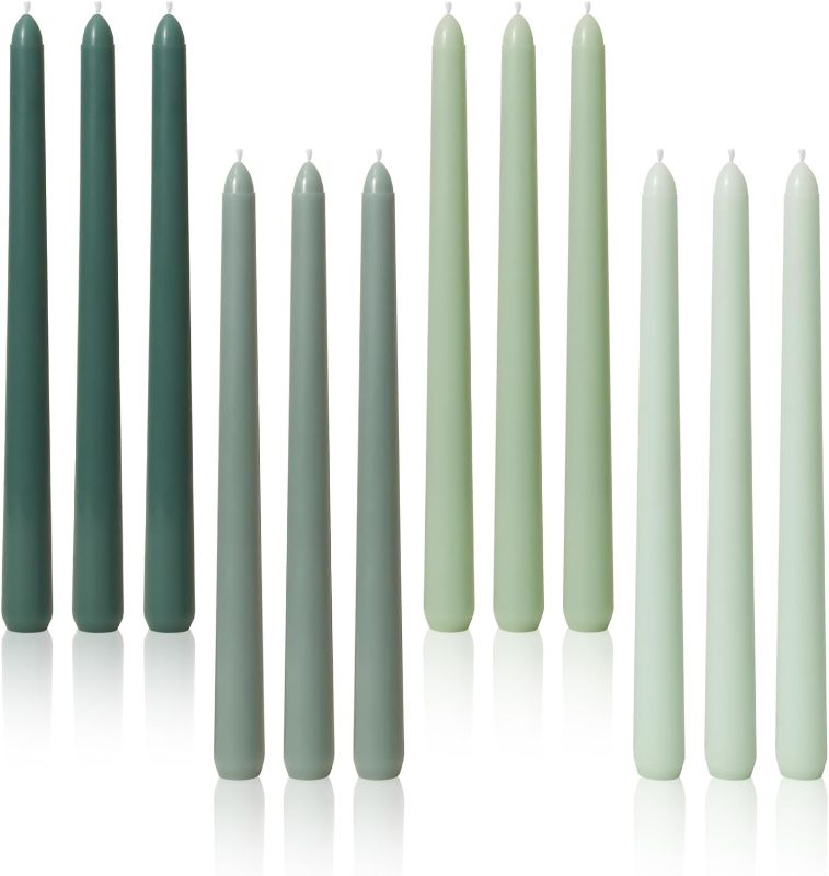 Photo 1 of 10 Inch Green Taper Candles Set of 12 Unscented Smokeless Long Tall Tapered Candle for Candlesticks Sticks Wedding Advent Home Decor Dinner Christmas