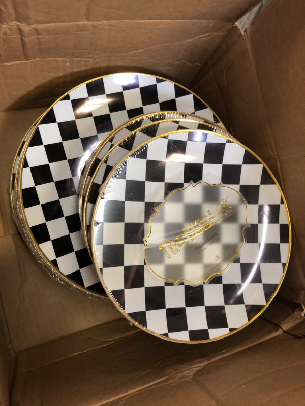 Photo 2 of Trendables 80 Pcs Checkered Plates Set - Heavy Duty Dinnerware Sets Black and White Plastic Plates With Gold Rim 40-10" Dinner Plates & 40-8" Dessert Plates - Elegant Disposable Plates For Weddings