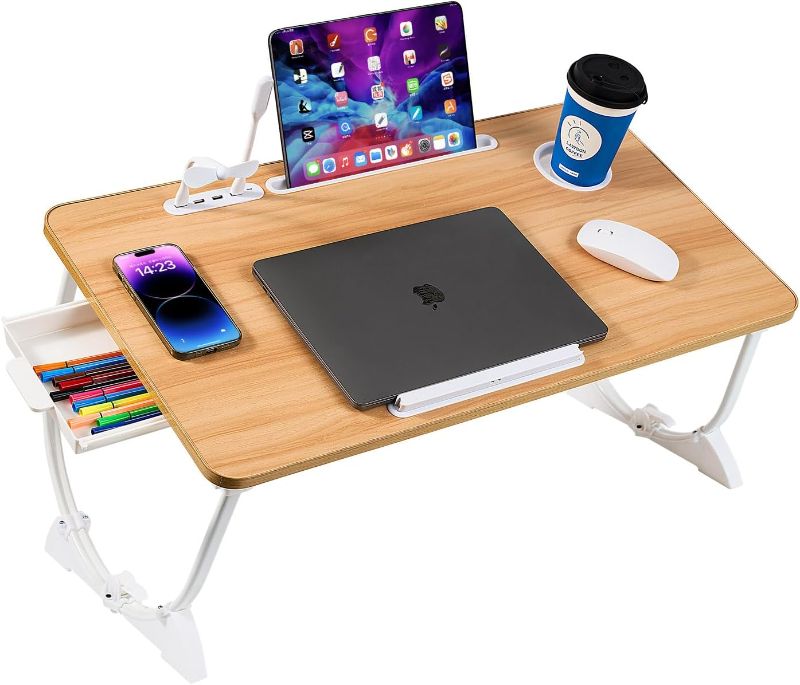 Photo 1 of Adjustable Laptop Bed Desk with 4 USB Ports, Storage Drawer, Cup Holder, X-Large Foldable Bed Laptop Table Stand for Couch Sofa Floor, Portable Lap Desk Tray for Eating Reading Working Drawing Gaming
