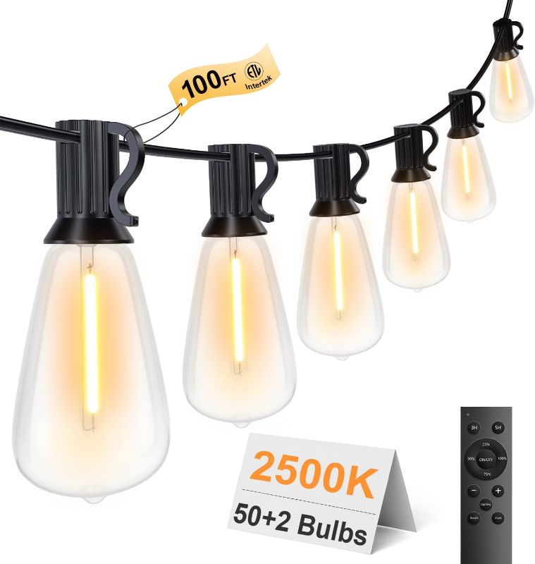 Photo 1 of 100FT LED Outdoor String Lights for Outside Remote 52 Edison Vintage Bulbs ST38 Dimmable Patio Lights Waterproof Shatterproof Timer for Garden Deck Backyard Yard House Hanging Lighting 2500K
