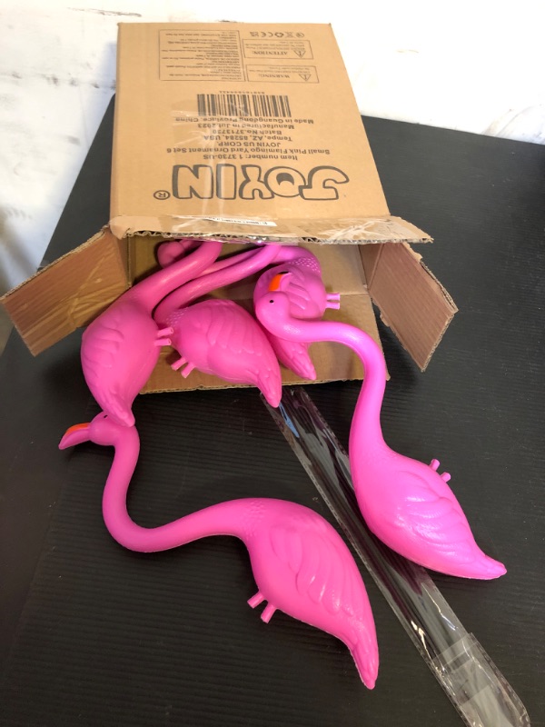 Photo 2 of JOYIN Set of 6 Small Pink Flamingo Yard Ornament Stakes, Mini Lawn Plastic Flamingo Statue with Metal Legs for Sidewalks, Outdoor Garden, Luau Party, Tropical Party Decor, 2 Styles -- SMALL