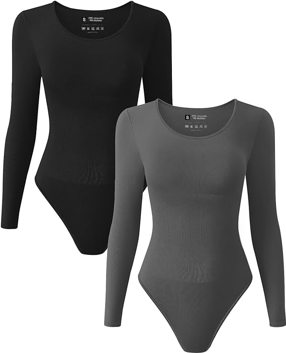Photo 1 of TDIFFUN Womens Long Sleeve Bodysuits Shapewear Seamless Ribbed Crew Neck One Piece Sexy Body Shaper Tops SIZE L 
